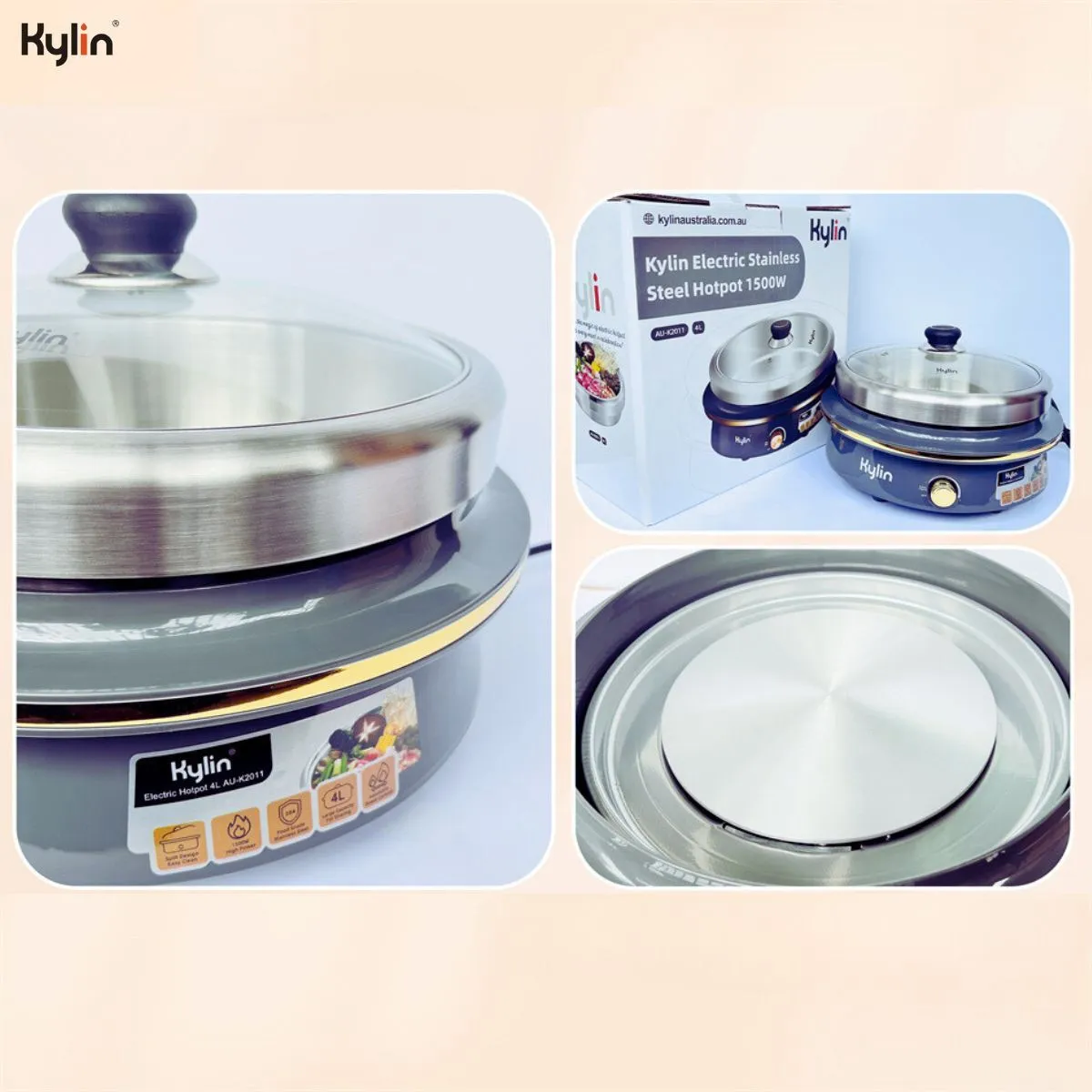 1500W Electric Hotpot, Stainless Steel, 4L, Removable Pot, Kylin