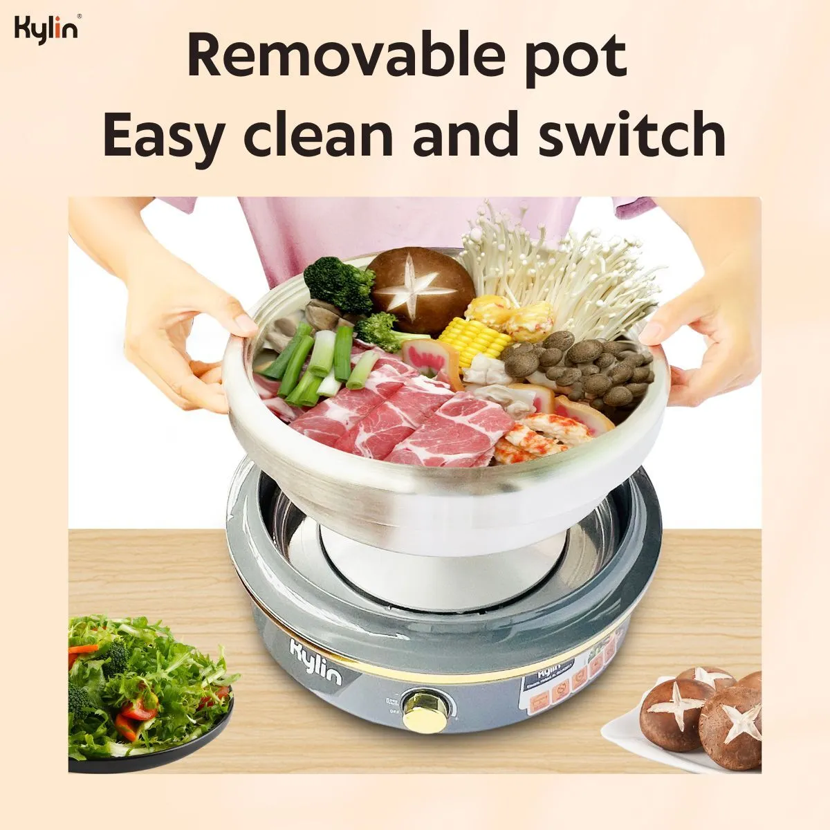 1500W Electric Hotpot, Stainless Steel, 4L, Removable Pot, Kylin