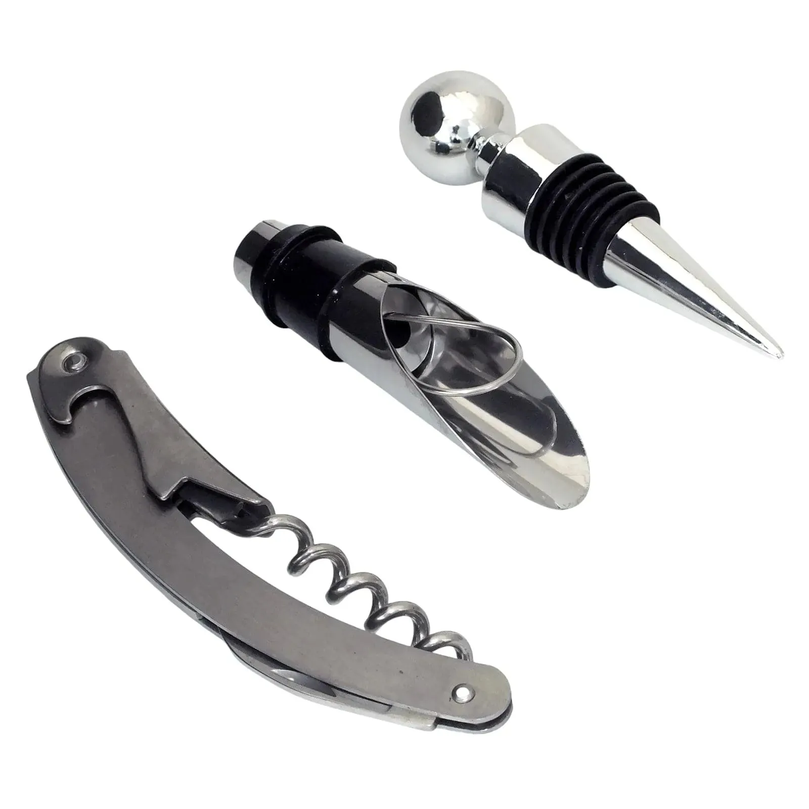 3 Piece Wine Connoisseurs Gift Set Corkscrew Bottle Stopper and Pourer