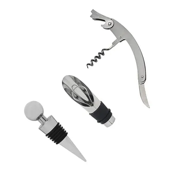 3 Piece Wine Connoisseurs Gift Set Corkscrew Bottle Stopper and Pourer