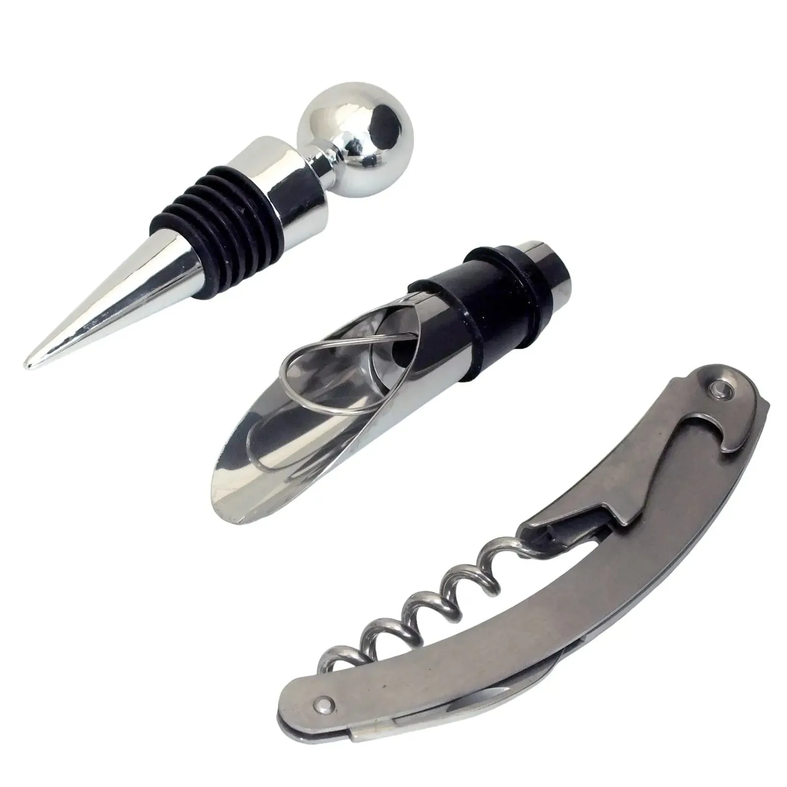 3 Piece Wine Connoisseurs Gift Set Corkscrew Bottle Stopper and Pourer