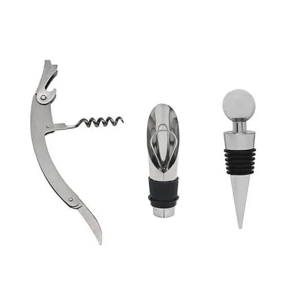 3 Piece Wine Connoisseurs Gift Set Corkscrew Bottle Stopper and Pourer