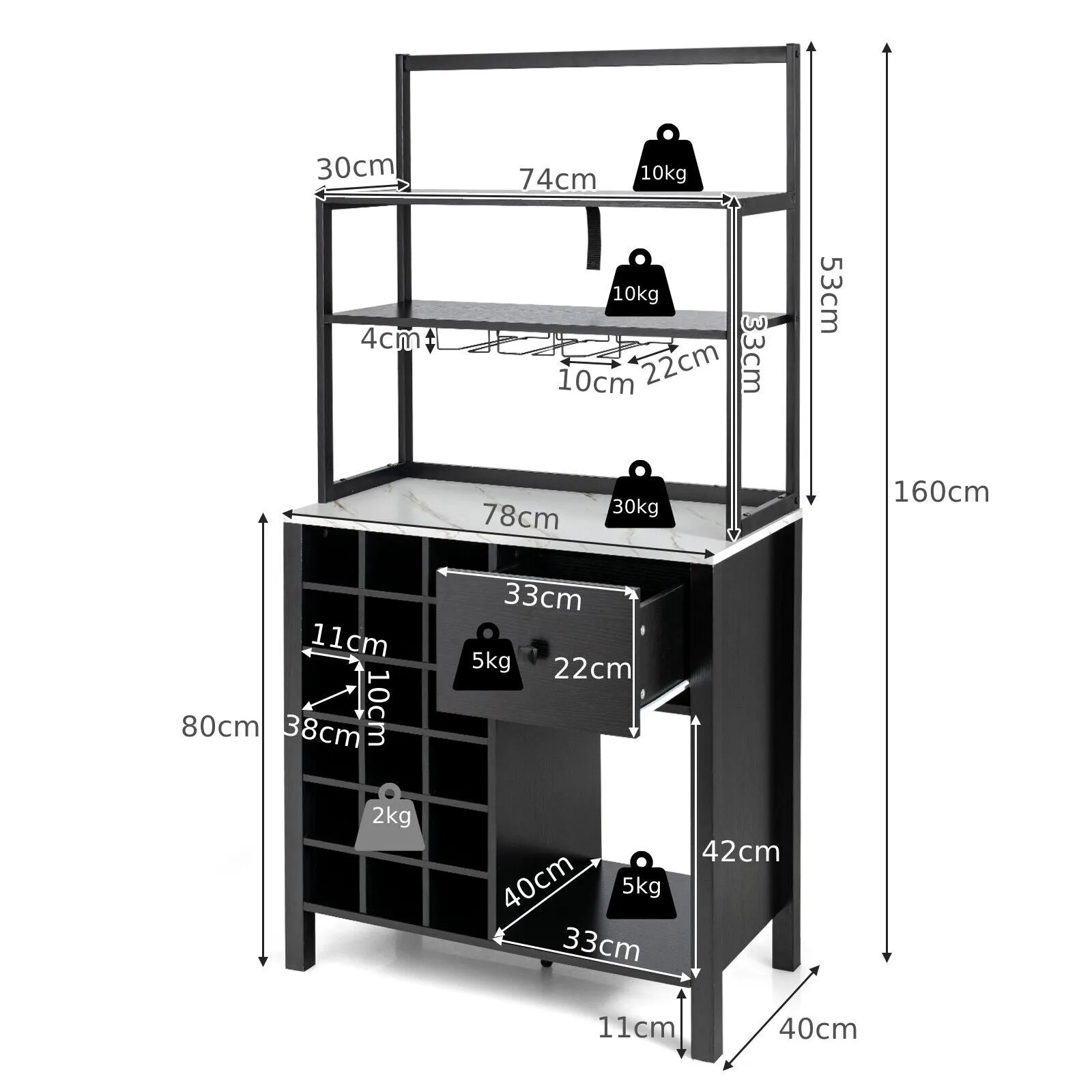 3-Tier Freestanding Kitchen Cabinet with Wine Rack and Drawer-Black