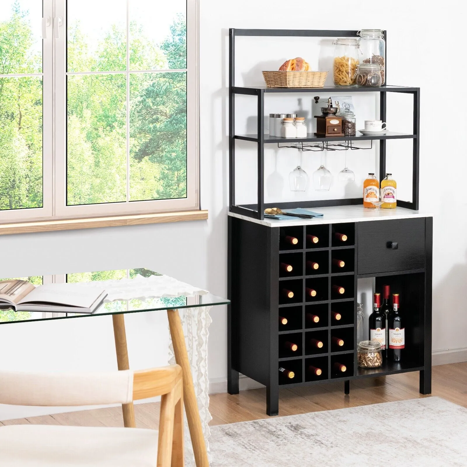 3-Tier Freestanding Kitchen Cabinet with Wine Rack and Drawer-Black