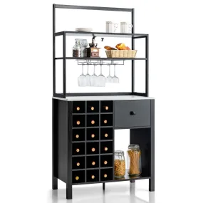 3-Tier Freestanding Kitchen Cabinet with Wine Rack and Drawer-Black