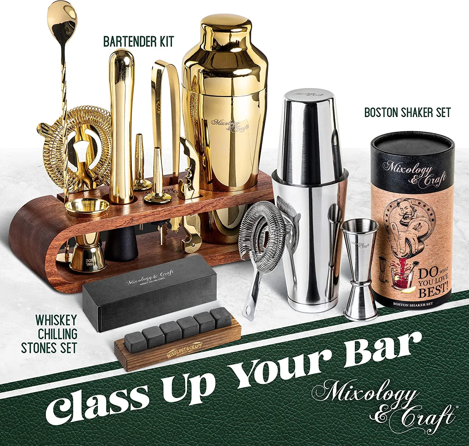 Bartender Kit: 10-Piece Bar Set Cocktail Shaker Set with Stylish Wooden Stand