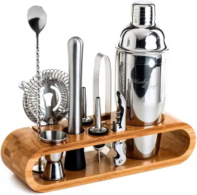 Bartender Kit: 10-Piece Bar Set Cocktail Shaker Set with Stylish Wooden Stand