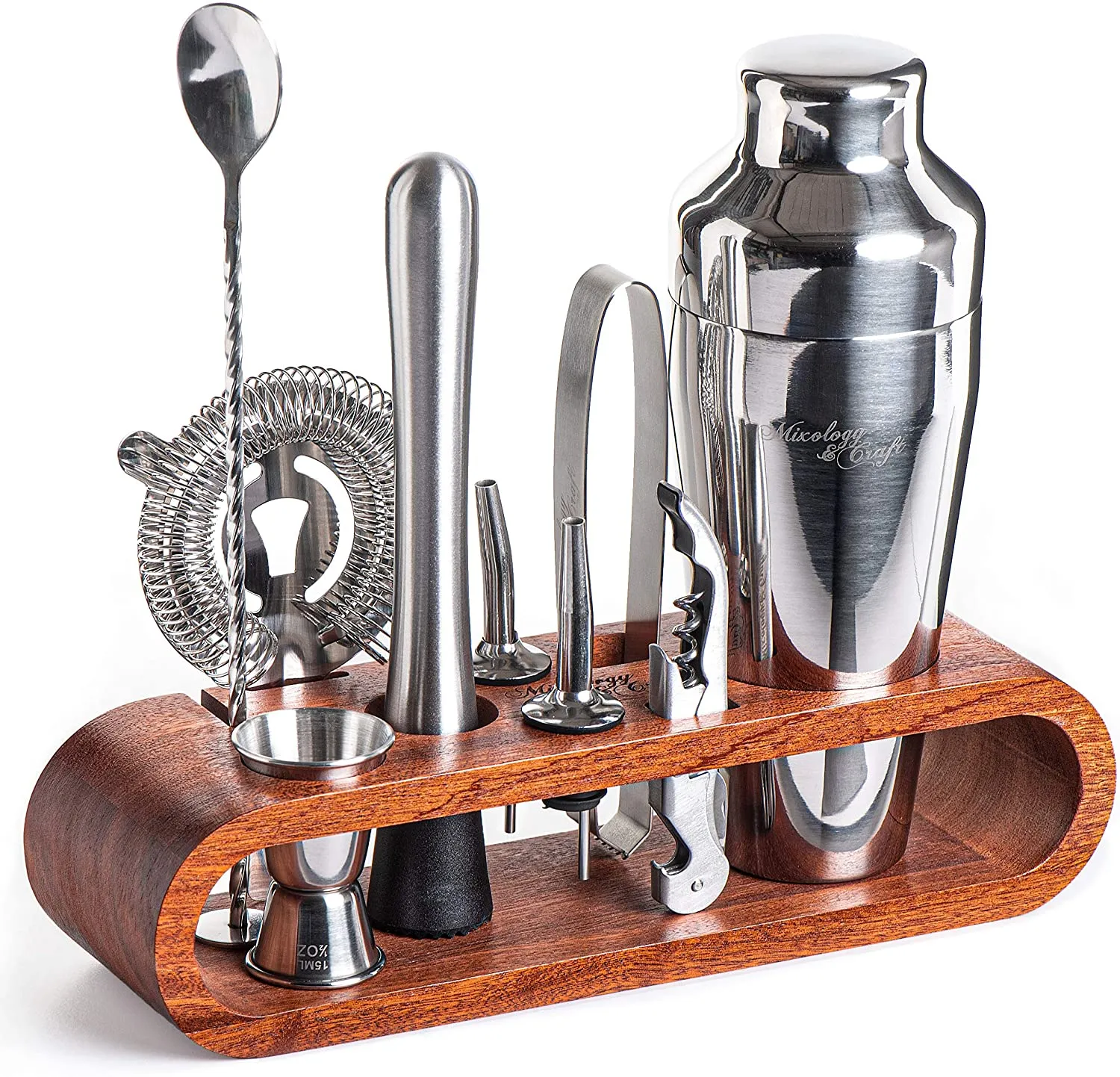 Bartender Kit: 10-Piece Bar Set Cocktail Shaker Set with Stylish Wooden Stand