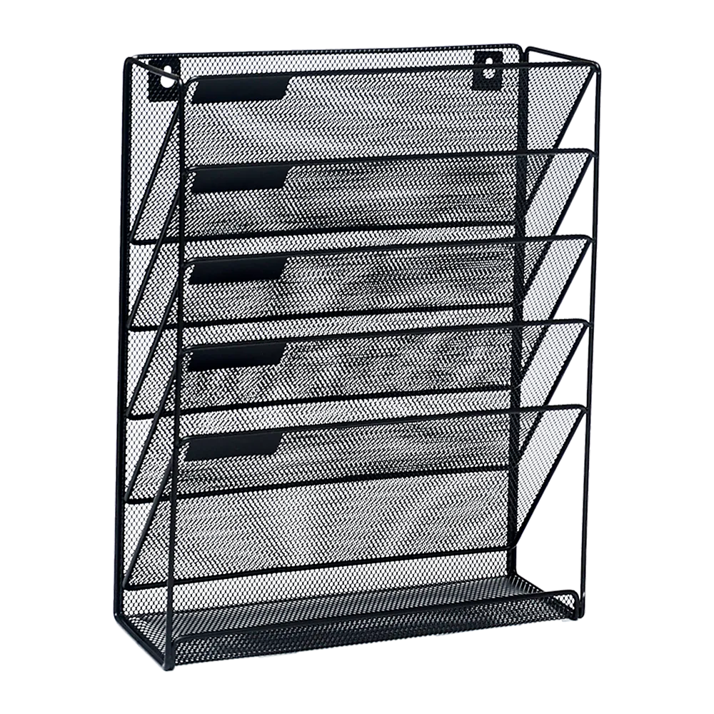 Black Steel Mesh 6-Pocket Wall File Organizer with Hardware