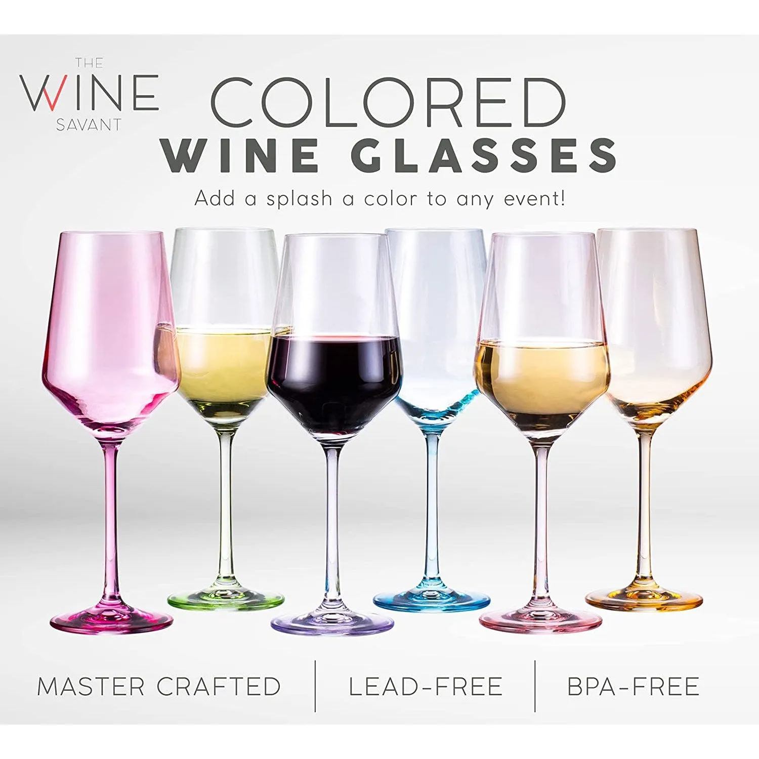 Colored Wine Glasses - Set of 6 Colorful Wine Glasses - 12 oz Stem Color Wine Glasses - Red, Blue, Green, Purple, Pink, Orange