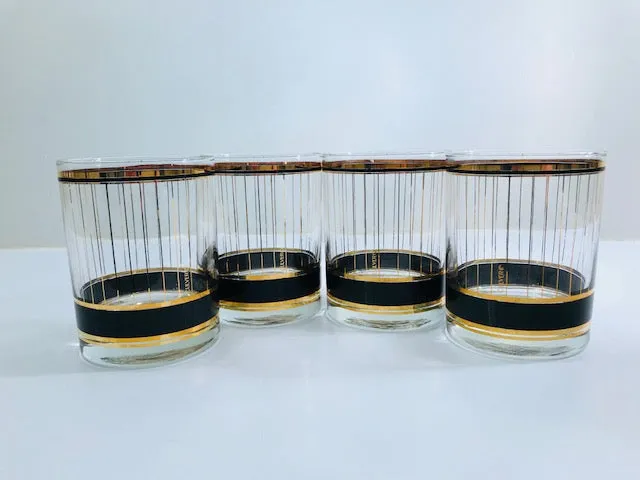 Culver Signed Mid-Century Black and 22-Karat Gold Devon Double Old Fashion Glasses (Set of 4)