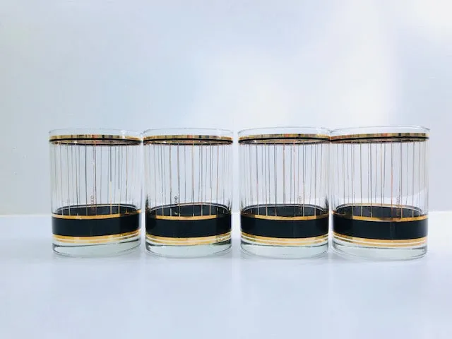 Culver Signed Mid-Century Black and 22-Karat Gold Devon Double Old Fashion Glasses (Set of 4)