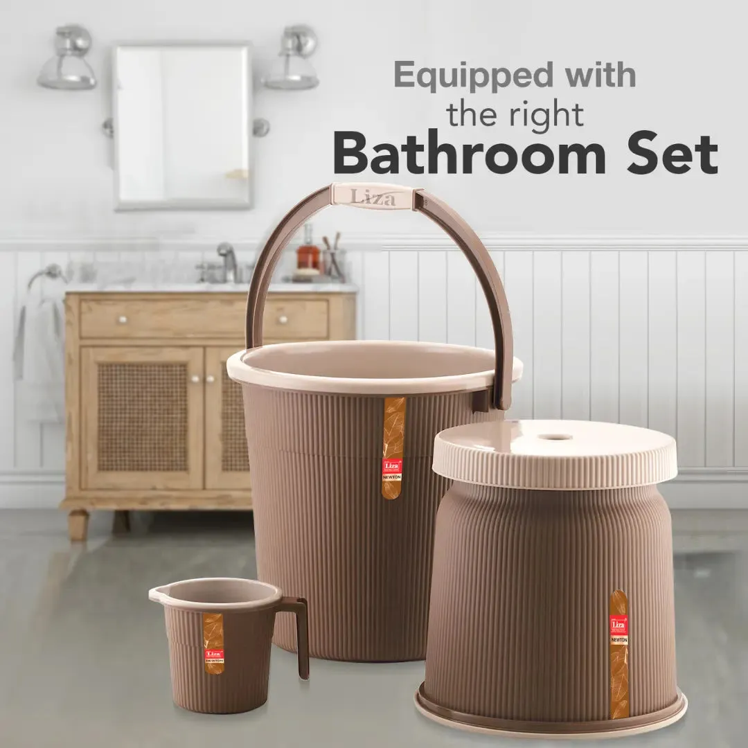 Dark Brown Bath Bucket(18L), Mug(1L) & Stool Set Of 3 For Bathing and Cleaning