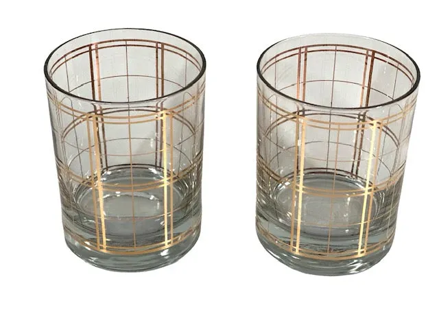 Georges Briard Signed Mid-Century Golden Squares Double Old Fashion Glasses (Set of 2)