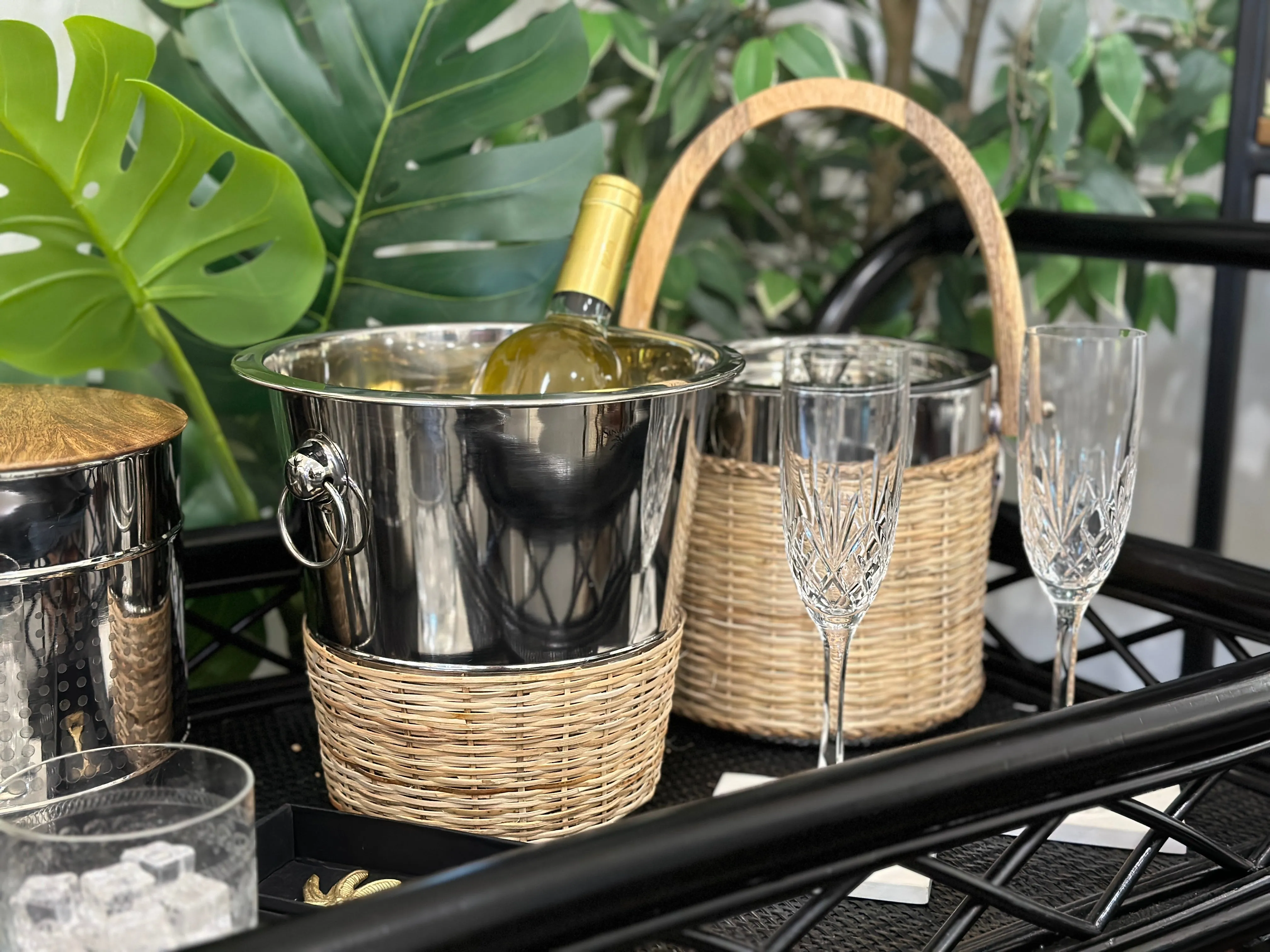 Ice Holder & Wine Bucket Set with Rattan Finishing.