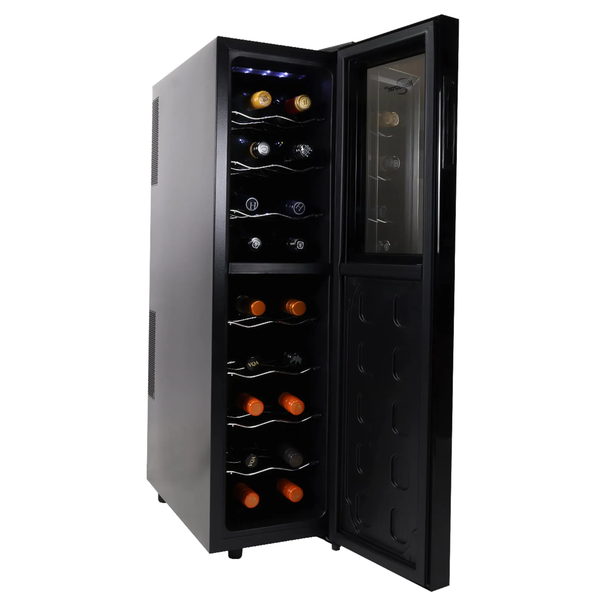 Koolatron 18 Bottle Slim Dual Zone Wine Cooler, Black Thermoelectric Wine Fridge, 1.9 cu. Ft (53L) Freestanding Wine Cellar, Red, White, Sparkling Wine Storage for Home Bar, Kitchen, Apartment, Condo