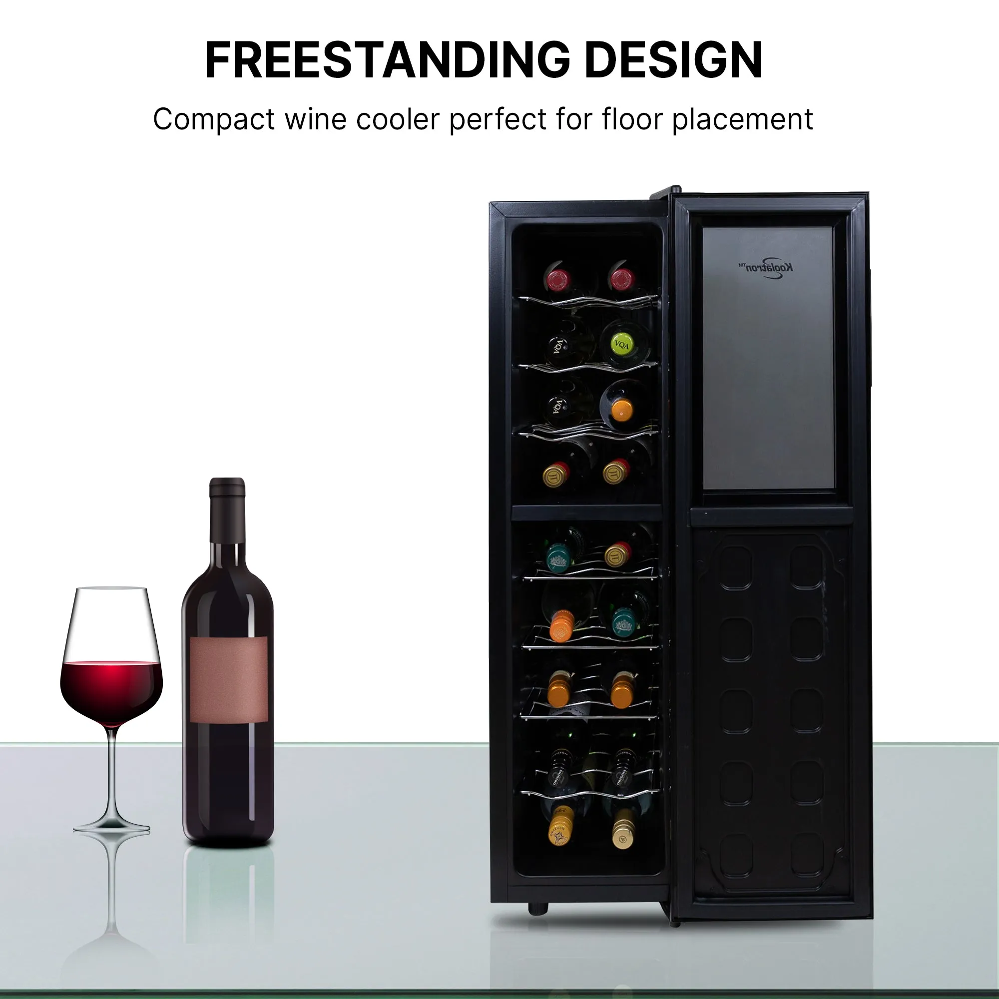 Koolatron 18 Bottle Slim Dual Zone Wine Cooler, Black Thermoelectric Wine Fridge, 1.9 cu. Ft (53L) Freestanding Wine Cellar, Red, White, Sparkling Wine Storage for Home Bar, Kitchen, Apartment, Condo