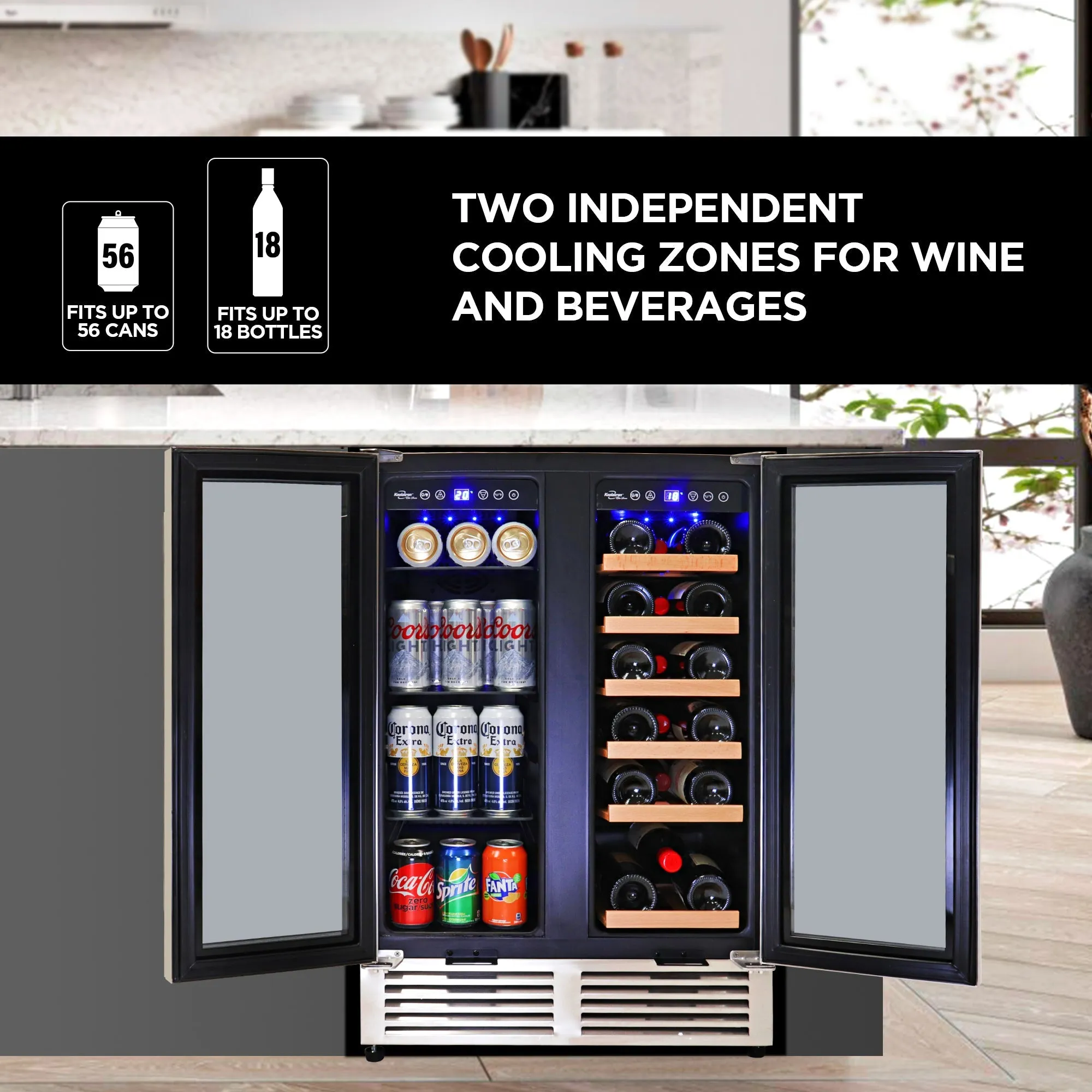 Koolatron 24 In Built-In Dual Zone Under-Counter Front-Venting French Door Wine and Beverage Fridge w/ Lock, 56 Can and 18 Bottle Capacity, Digital Controls, Stainless Steel Door Frame Wine Cooler