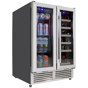 Koolatron 24 In Built-In Dual Zone Under-Counter Front-Venting French Door Wine and Beverage Fridge w/ Lock, 56 Can and 18 Bottle Capacity, Digital Controls, Stainless Steel Door Frame Wine Cooler