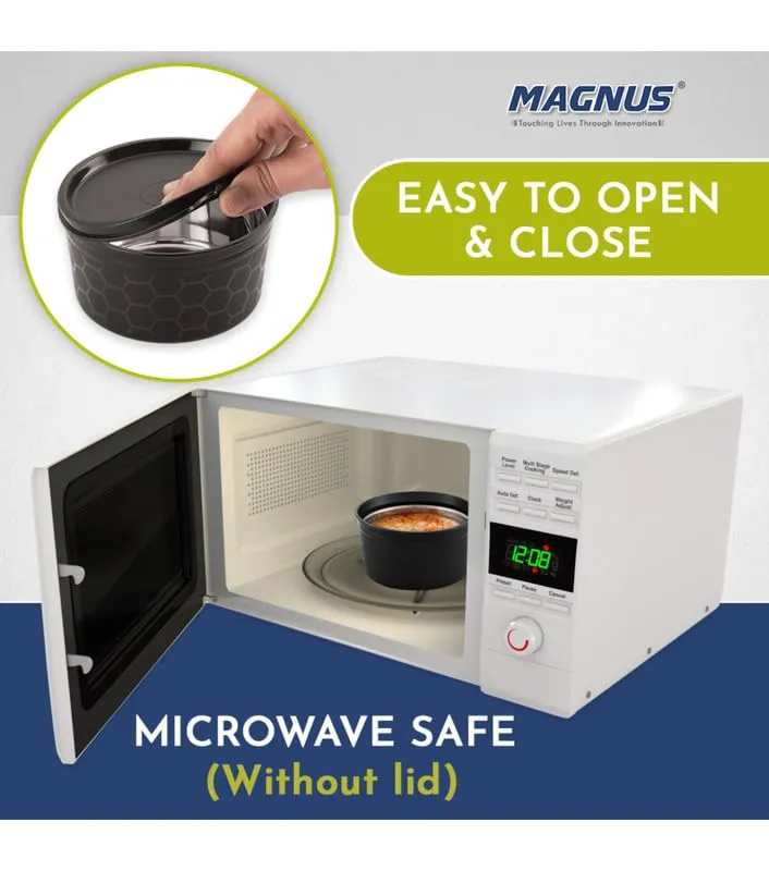 Magnus Microwave Easy Lock Alfa-3 Stainless Steel Lunch Box Set - Leak-Proof Containers & Insulated Bag - Perfect Lunch Box for Kids, Lunch Boxes for Office Men, Women - Air-Tight & Leakproof (Black)