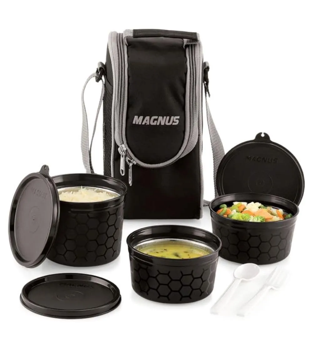 Magnus Microwave Easy Lock Alfa-3 Stainless Steel Lunch Box Set - Leak-Proof Containers & Insulated Bag - Perfect Lunch Box for Kids, Lunch Boxes for Office Men, Women - Air-Tight & Leakproof (Black)