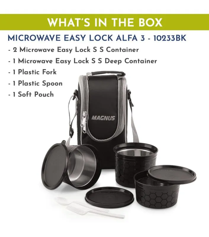 Magnus Microwave Easy Lock Alfa-3 Stainless Steel Lunch Box Set - Leak-Proof Containers & Insulated Bag - Perfect Lunch Box for Kids, Lunch Boxes for Office Men, Women - Air-Tight & Leakproof (Black)