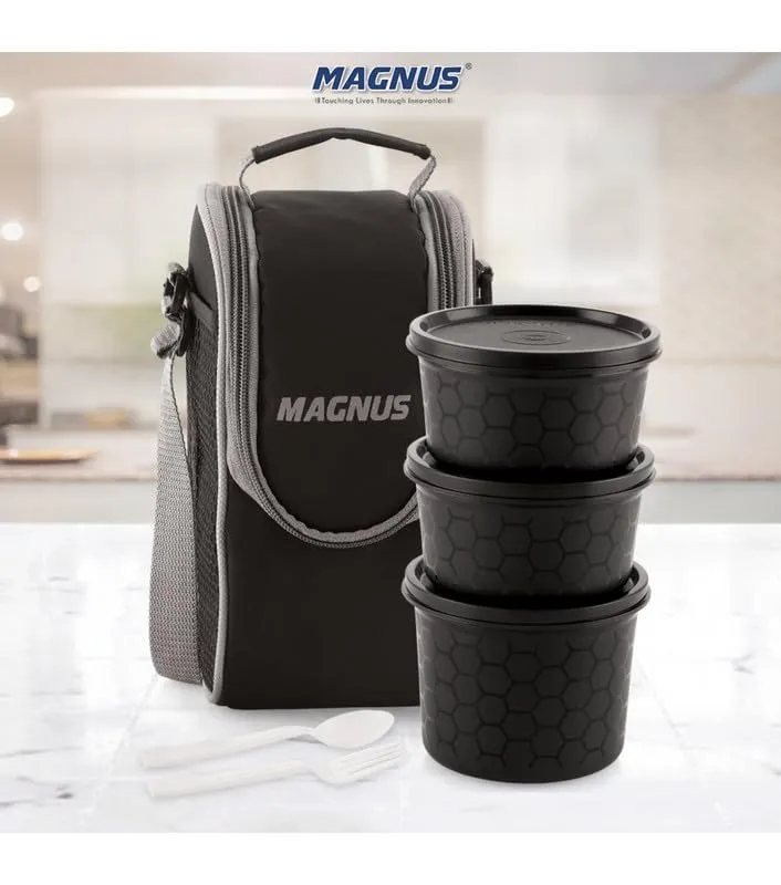 Magnus Microwave Easy Lock Alfa-3 Stainless Steel Lunch Box Set - Leak-Proof Containers & Insulated Bag - Perfect Lunch Box for Kids, Lunch Boxes for Office Men, Women - Air-Tight & Leakproof (Black)