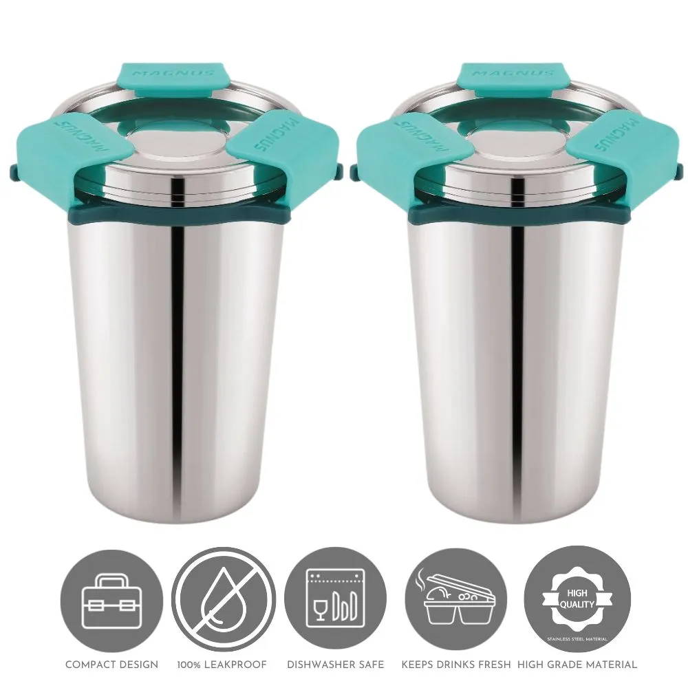 Magnus Stainless Steel Revlock Glass-Glossy-350 ml - 100% Spill-Proof Stainless Steel Tumblers | Steel Bottom and Plastic Lid with Innovative Design and Clip Lock Mechanism - Pack of 2