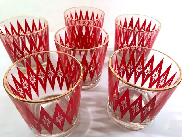 Mid-Century Red Starburst Glasses (Set of 6)