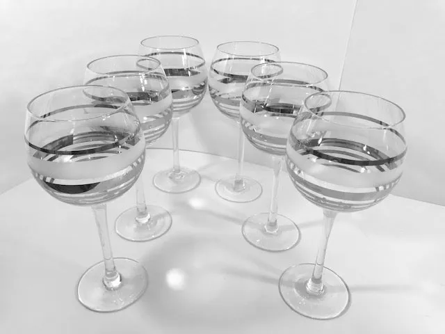 Mid-Century Silver and Frosted Wine Glasses (Set of 6)