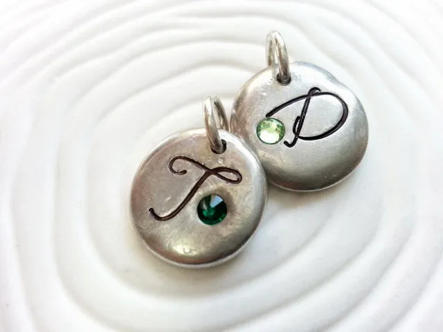 Oversized Script Initial Charm | Birthstone Pebble Charm