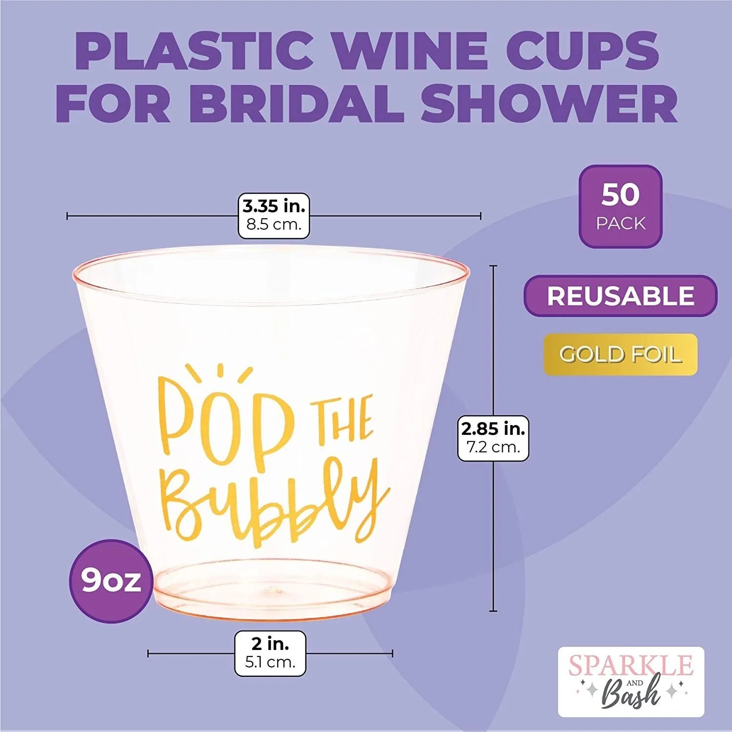 Plastic Wine Cups for Bridal Shower, Pop the Bubbly (9 oz, 50 Pack)