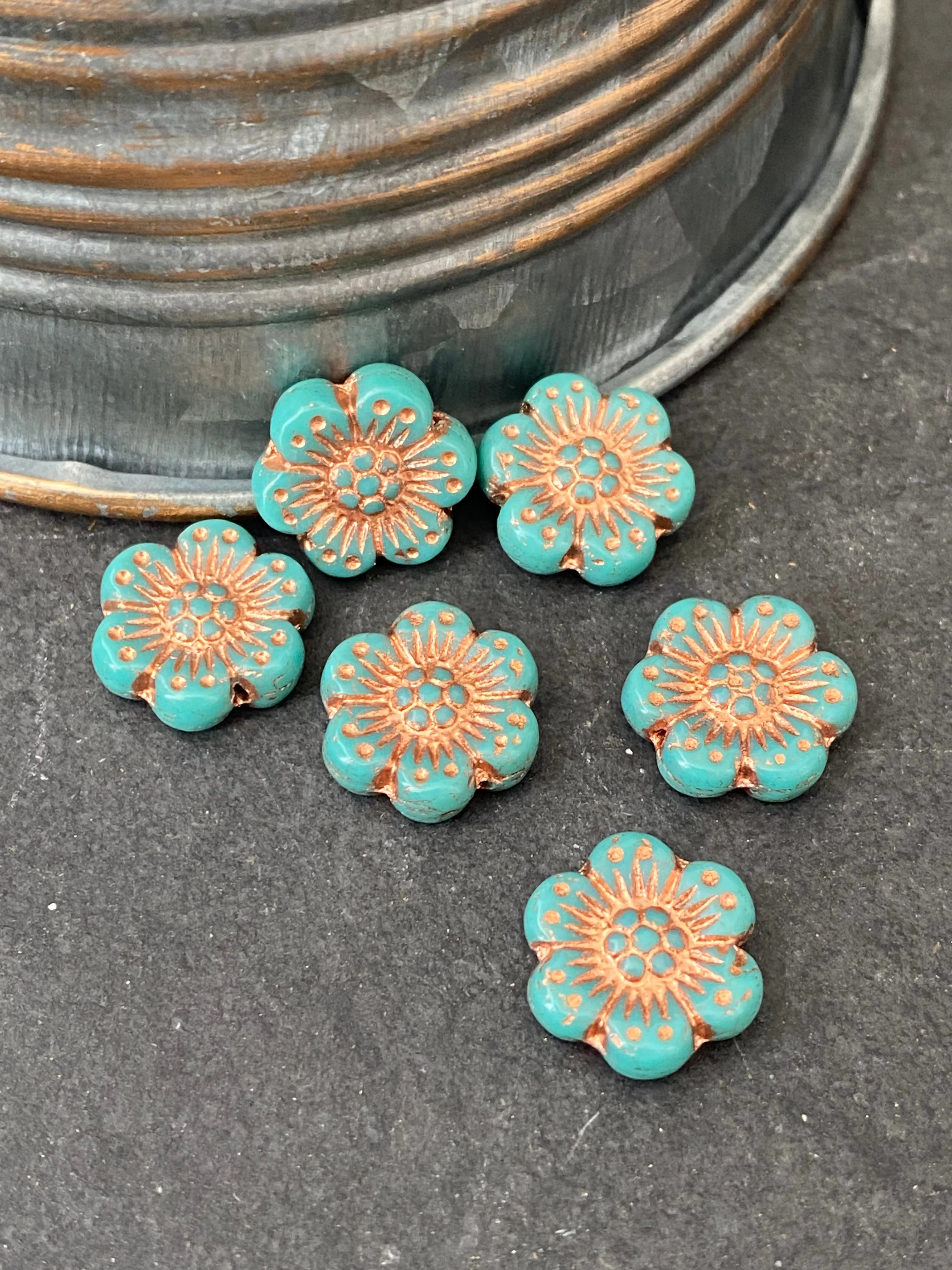 Premium Czech glass rose flowers, turquoise with copper wash, 14mm