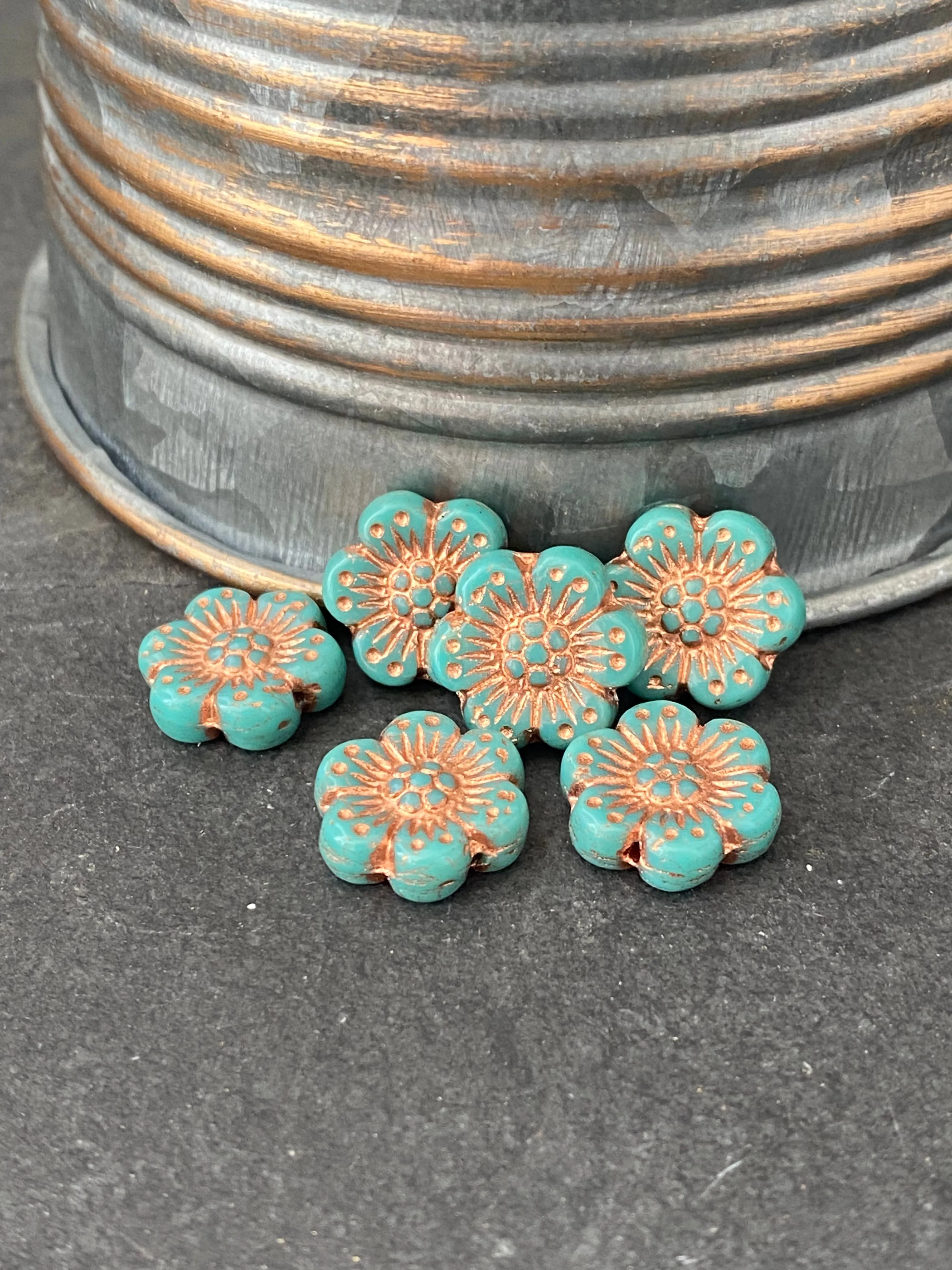 Premium Czech glass rose flowers, turquoise with copper wash, 14mm