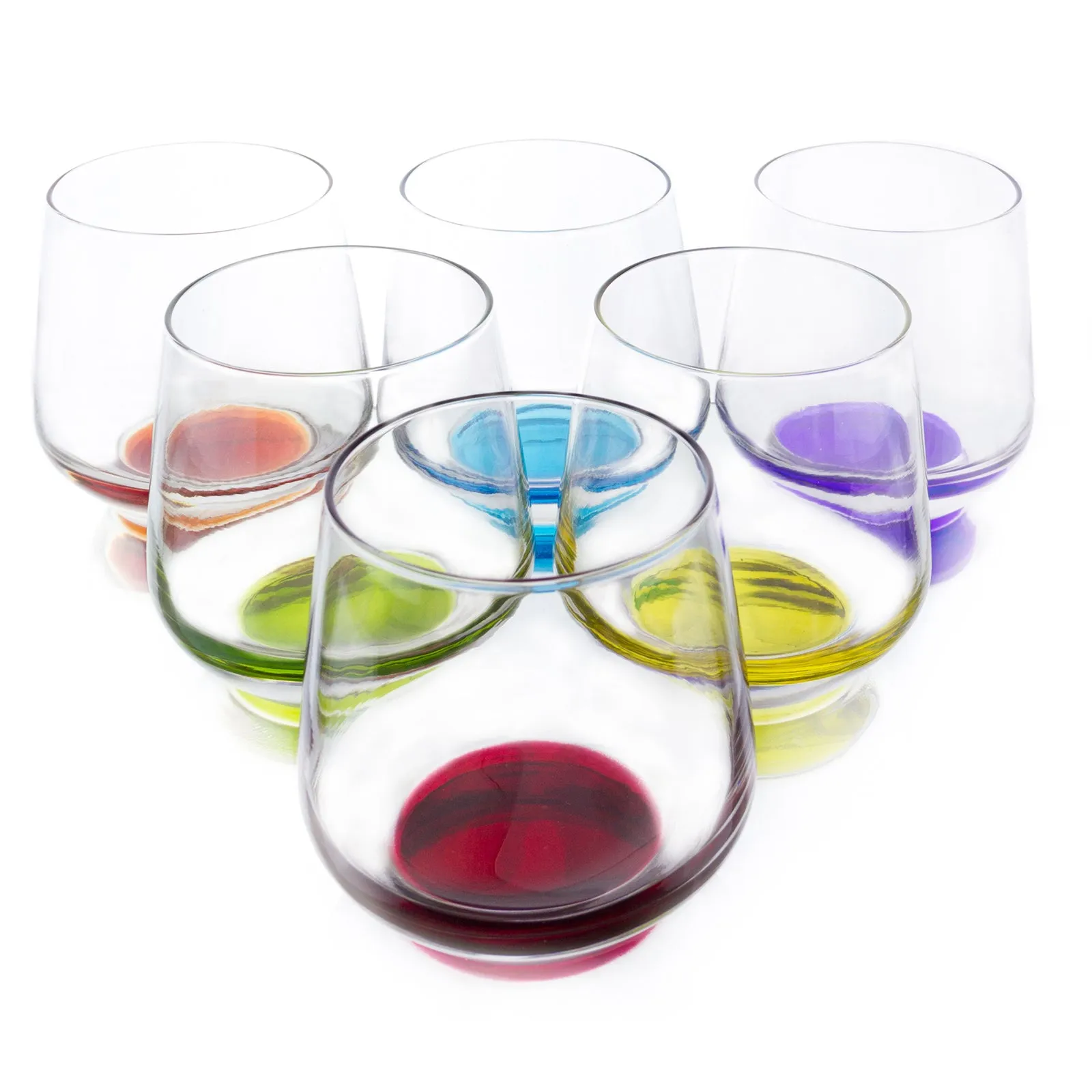 Red Co. Set of 6 Stemless 11.75 Oz Short Wine Drinking Glass Tumblers with Rainbow Colored Bottoms