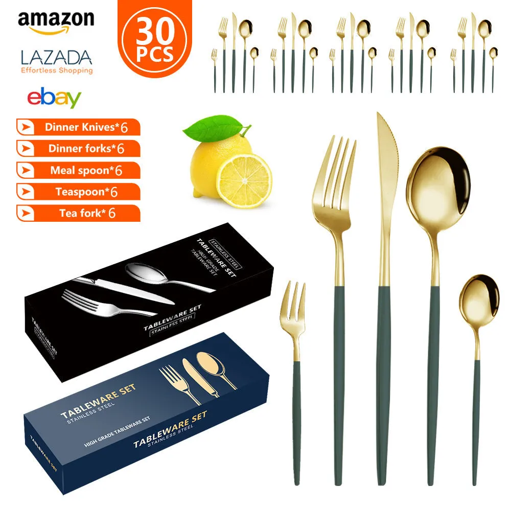 Stainless Steel Tableware Set Portuguese Steak Knife, Fork and Spoon 5 Components 30-Piece Set Color Box Packaging